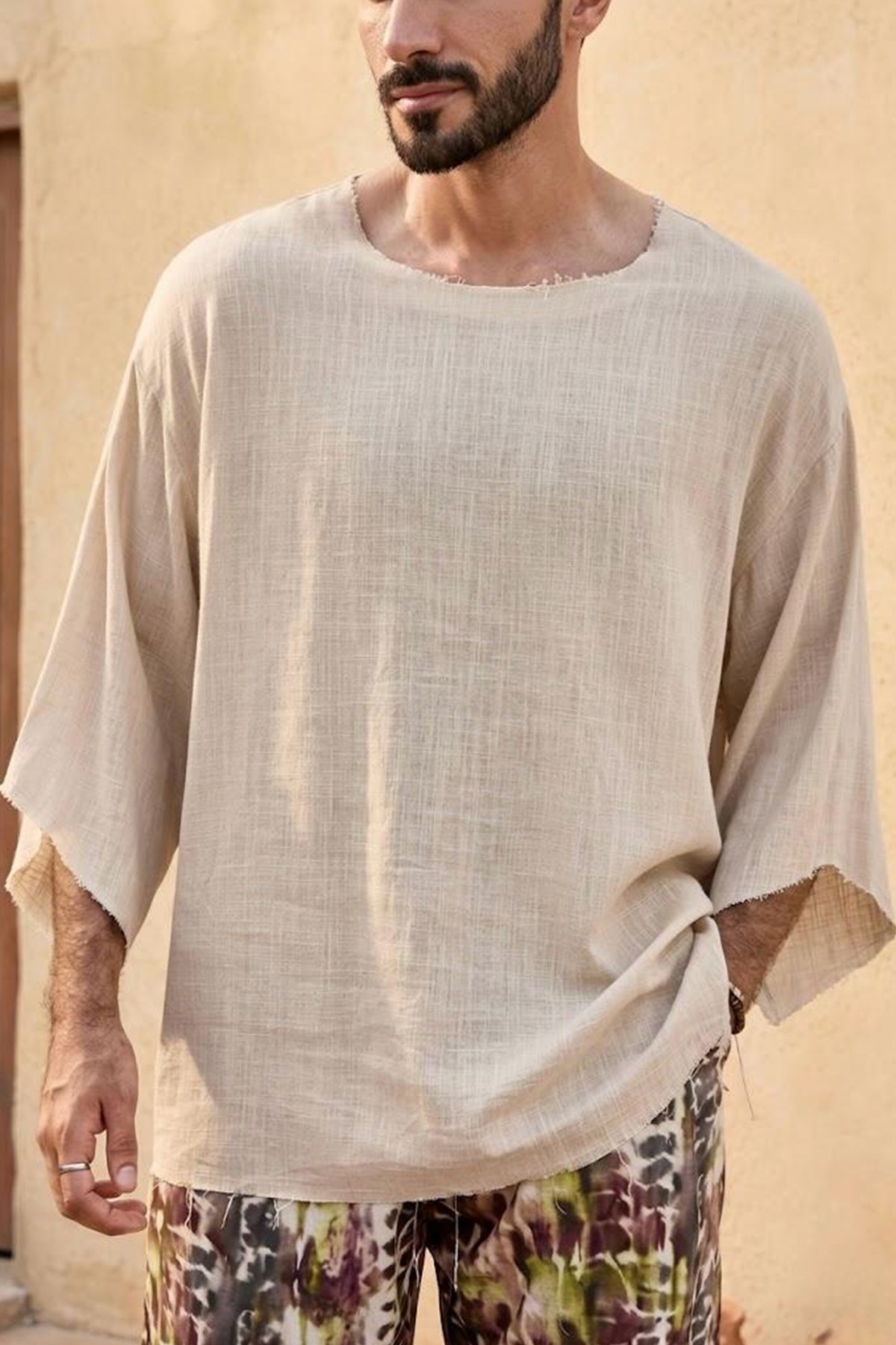 Erkek Keten Mürettebat Yaka Krem Tshirt - www.northlondon.com.tr