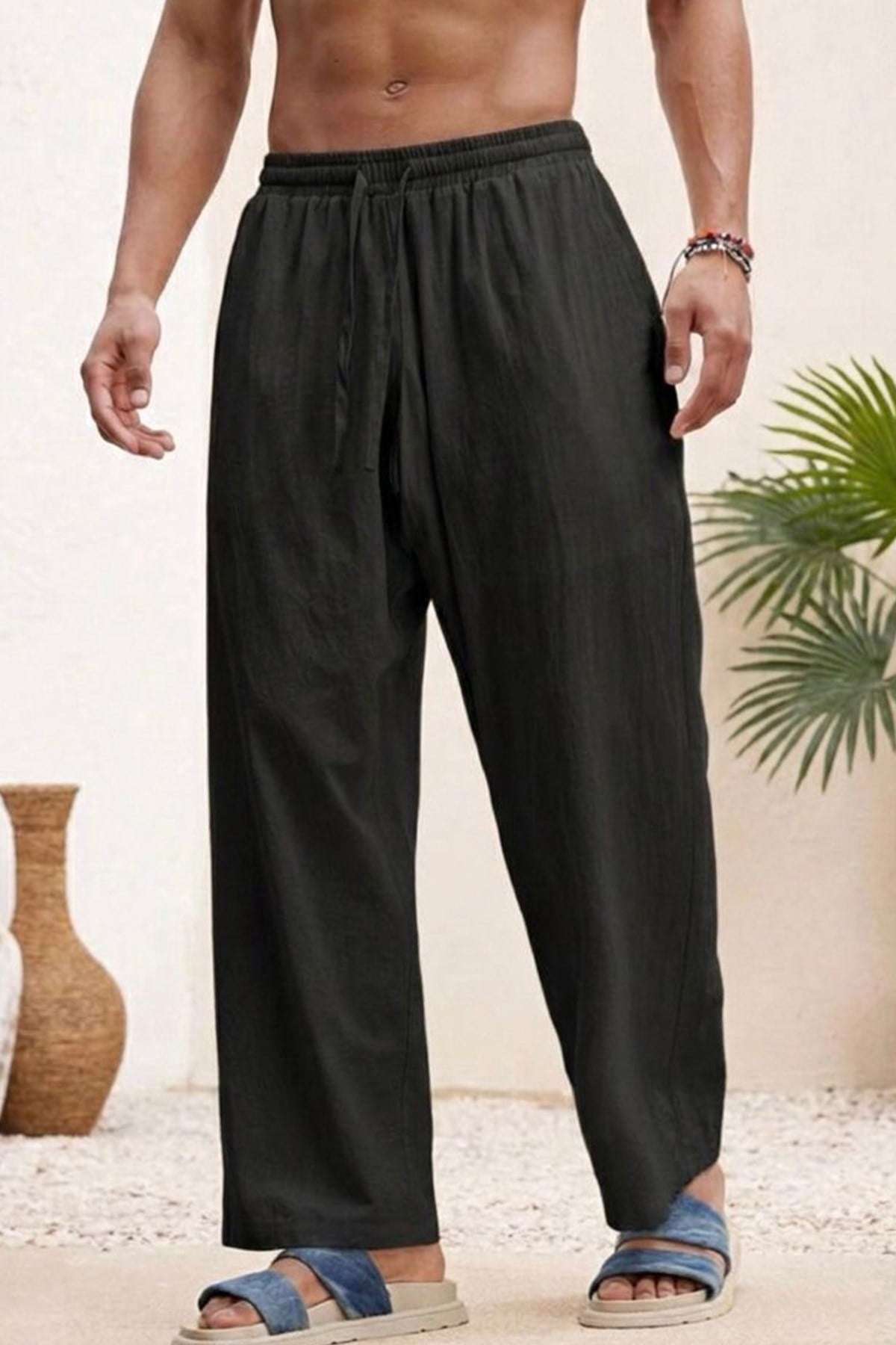 Erkek Keten Siyah Bol Paça Oversize Pantolon - www.northlondon.com.tr