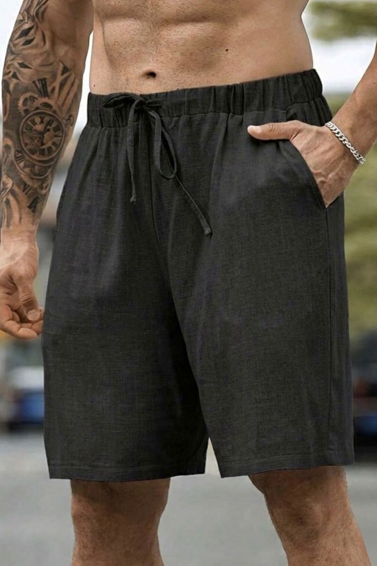 Erkek Keten Siyah Oversize Şort - www.northlondon.com.tr