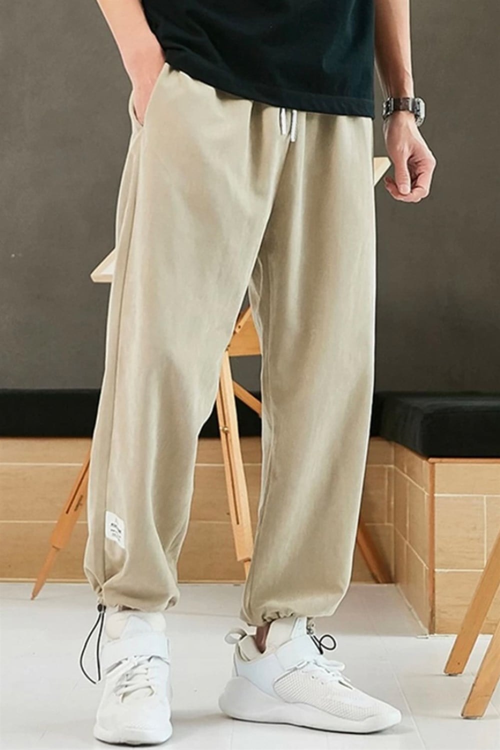 North London Erkek Krem Ayarlanabilir Paça Oversize Kalıp Eşofman Pants - www.northlondon.com.tr