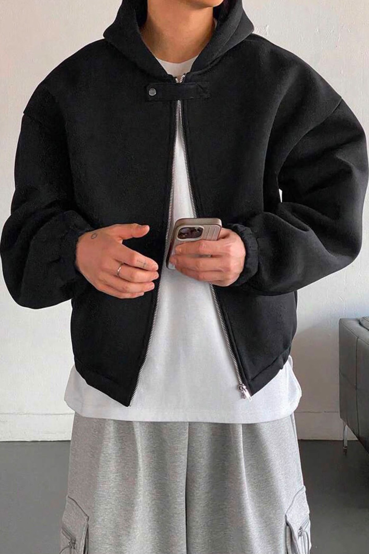 North London Erkek Önü Düğmeli Fermuarlı Üç İplik Şardonlu Siyah Oversize Sweatshirt - www.northlondon.com.tr