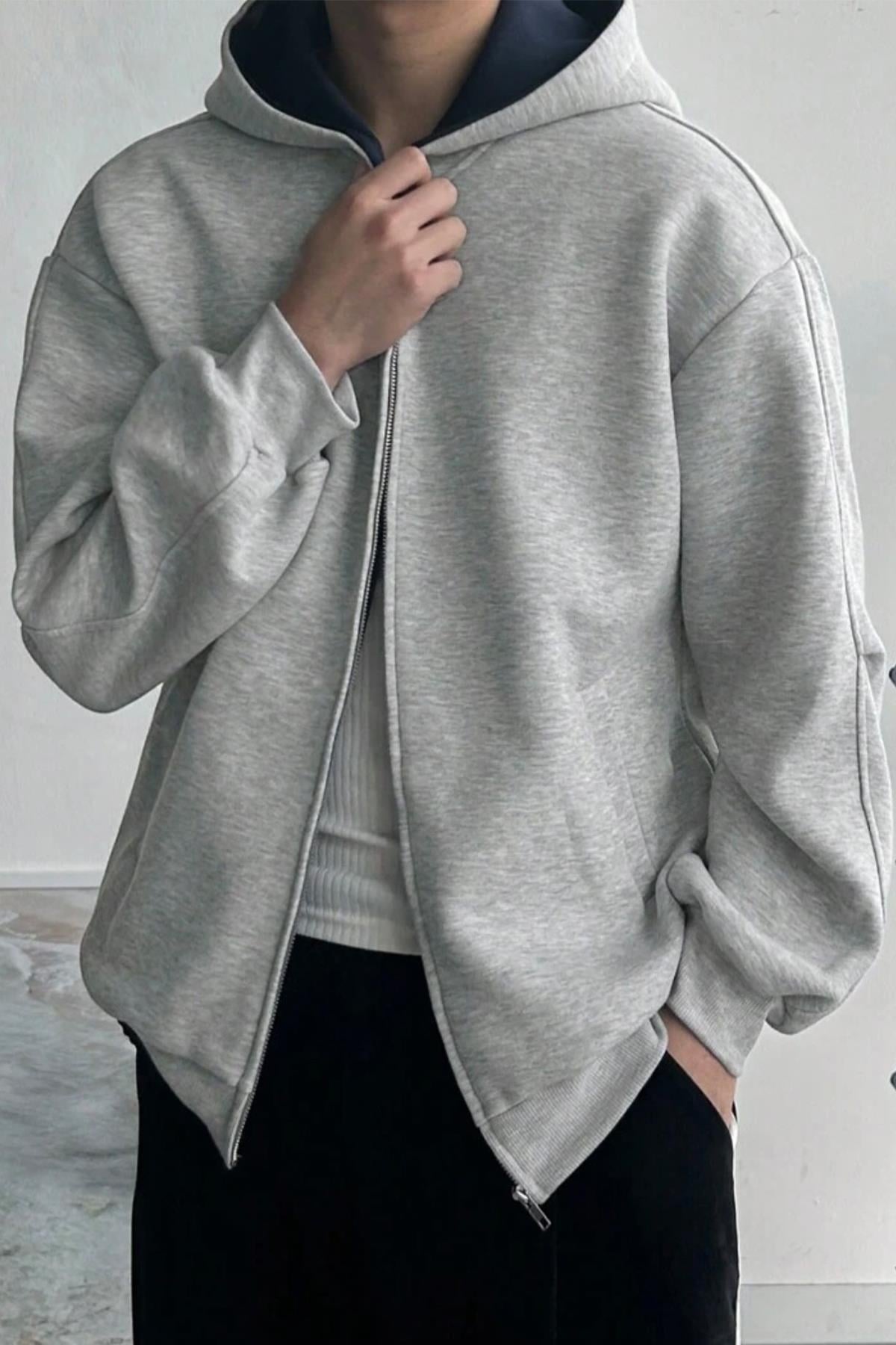 North London Erkek Renk Bloklu Üç İplik Gri Oversize Sweatshirt - www.northlondon.com.tr