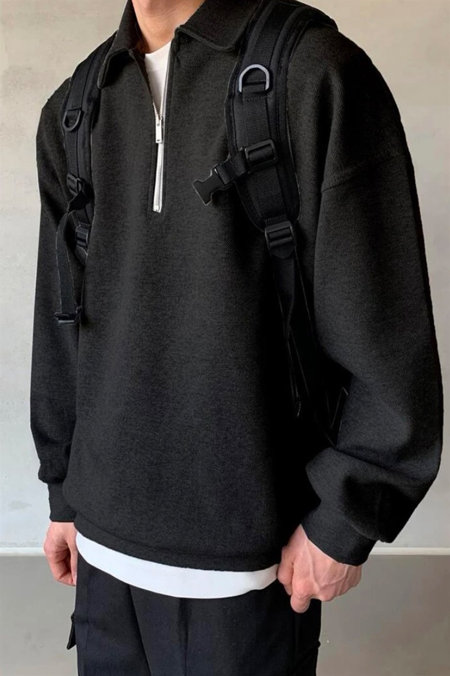 Siyah Yarım Fermuar Oversize Sweatshirt - www.northlondon.com.tr