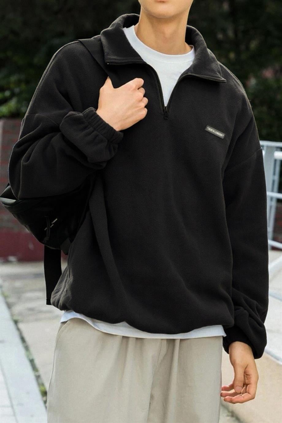 Siyah Yarım Fermuar Oversize Sweatshirt - www.northlondon.com.tr