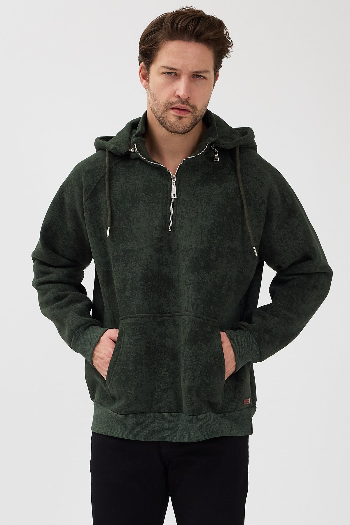 Yağlı Desen Kapşonlu Haki Sweatshirt - www.northlondon.com.tr