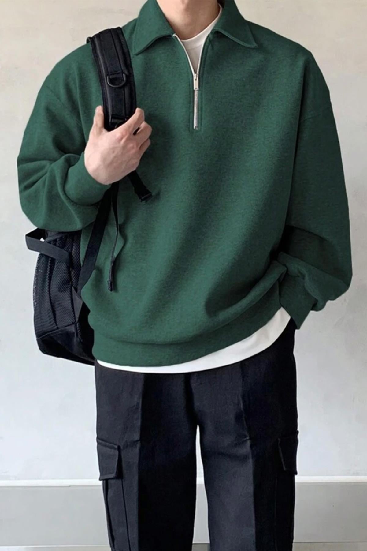 Yeşil Yarım Fermuar Oversize Sweatshirt - www.northlondon.com.tr
