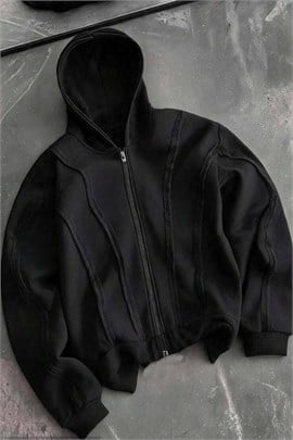 Kavisli Siyah Patchwork Kapüşonlu Sweatshirt - www.northlondon.com.tr