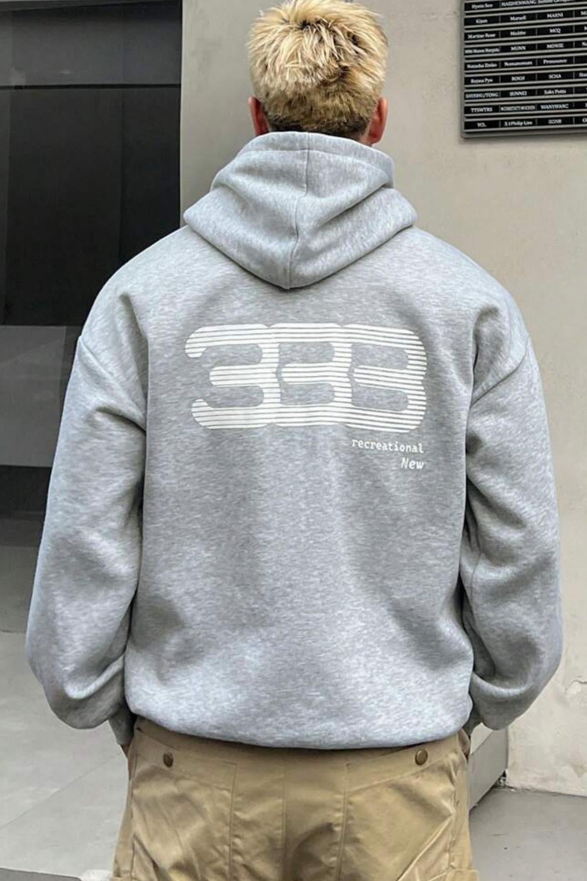 Erkek 333 Baskılı Kapüşonlu Gri Oversize Sweatshirt  - www.northlondon.com.tr