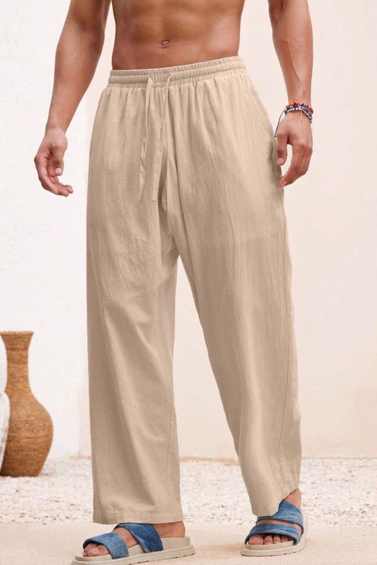 Erkek Keten Bej Bol Paça Oversize Pantolon - www.northlondon.com.tr