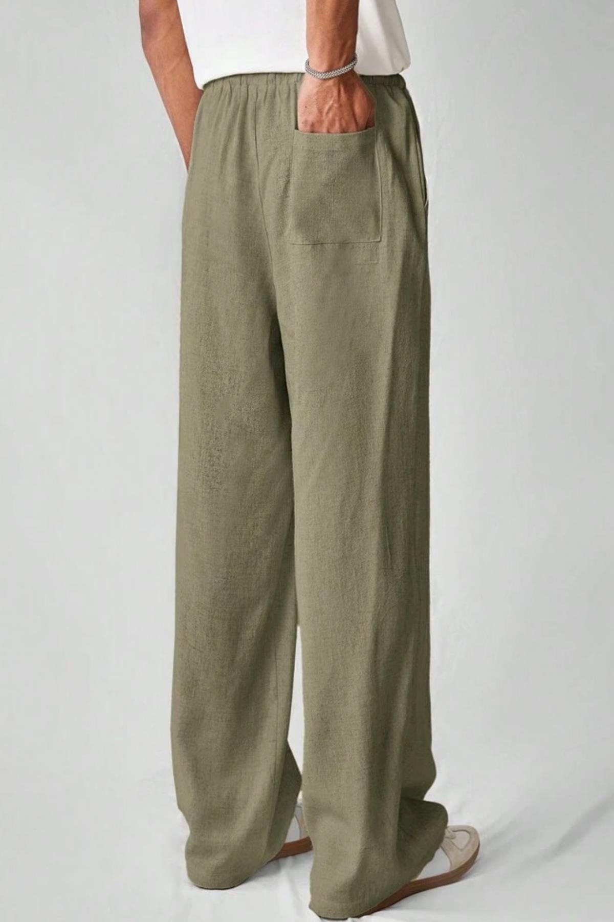 Erkek Keten Karışımlı Haki Bol Paça Pantolon - www.northlondon.com.tr