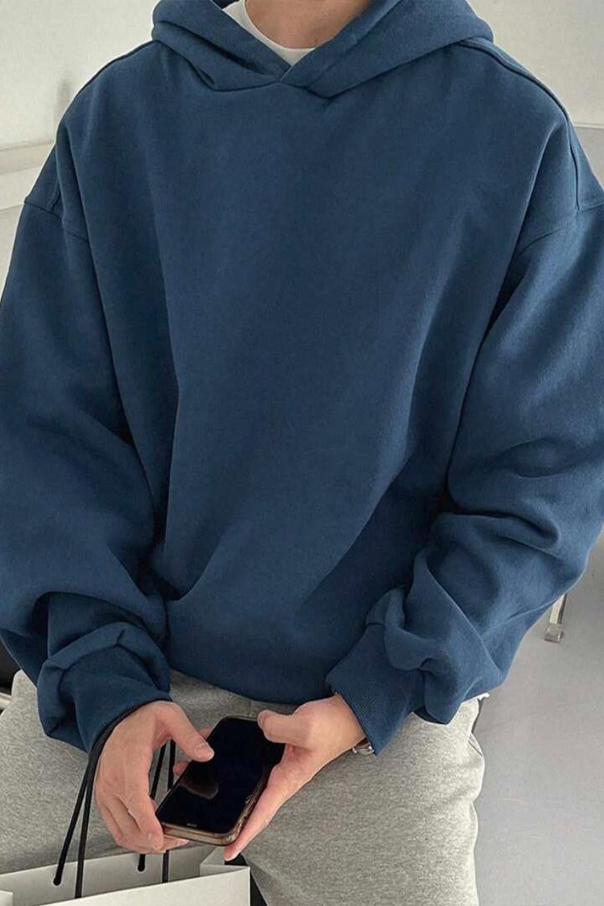 Kapüşonlu İndigo Oversize Sweatshirt  - www.northlondon.com.tr