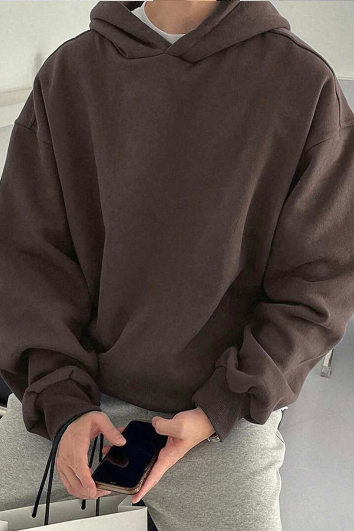Kapüşonlu Kahverengi Oversize Sweatshirt  - www.northlondon.com.tr