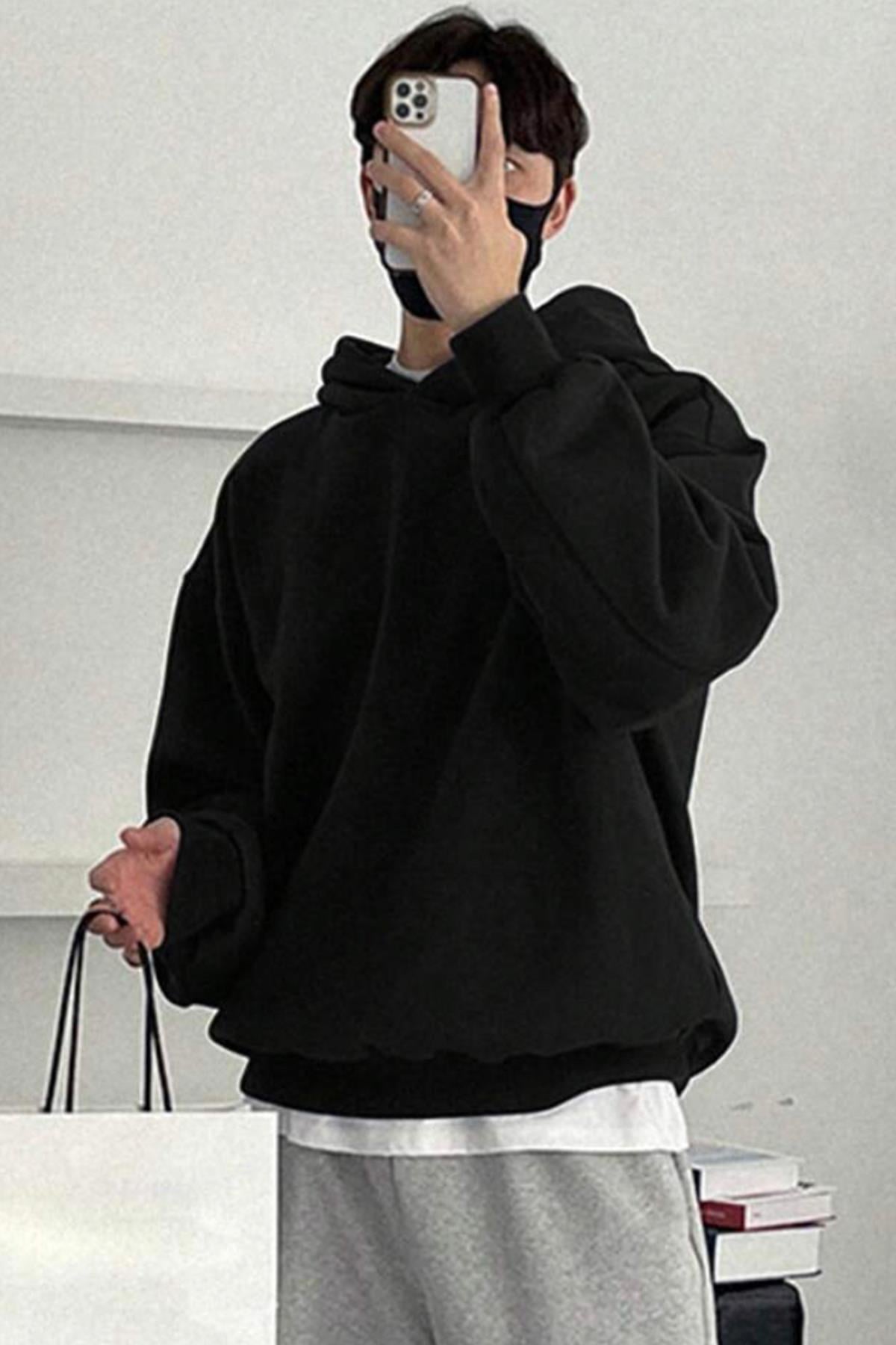 Kapüşonlu Siyah Oversize Sweatshirt  - www.northlondon.com.tr