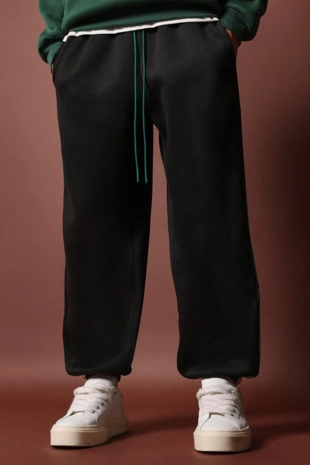 North London Erkek İki İplik Serit Detaylı Mevsimlik Siyah Jogger Oversize Eşofman Altı - www.northlondon.com.tr