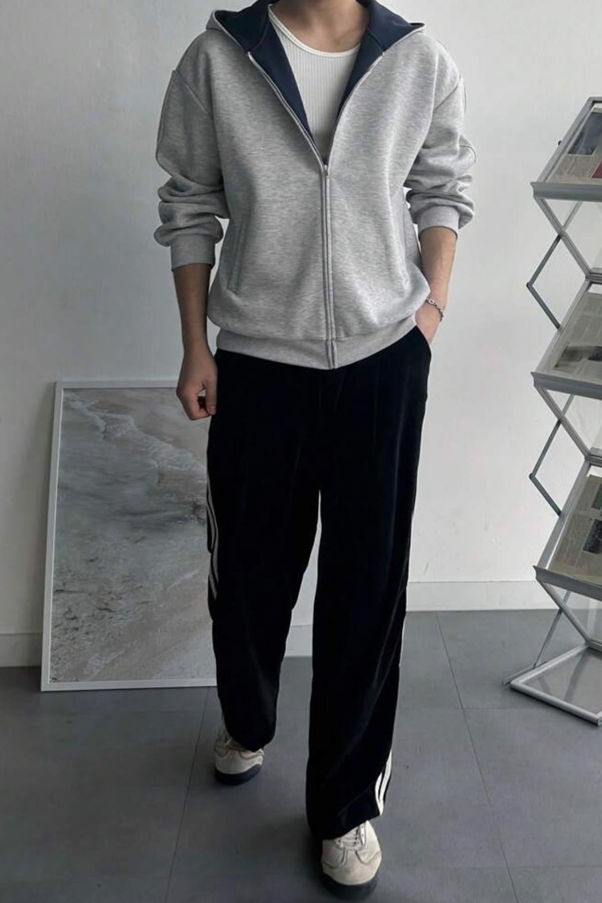 North London Erkek Renk Bloklu Üç İplik Gri Oversize Sweatshirt - www.northlondon.com.tr