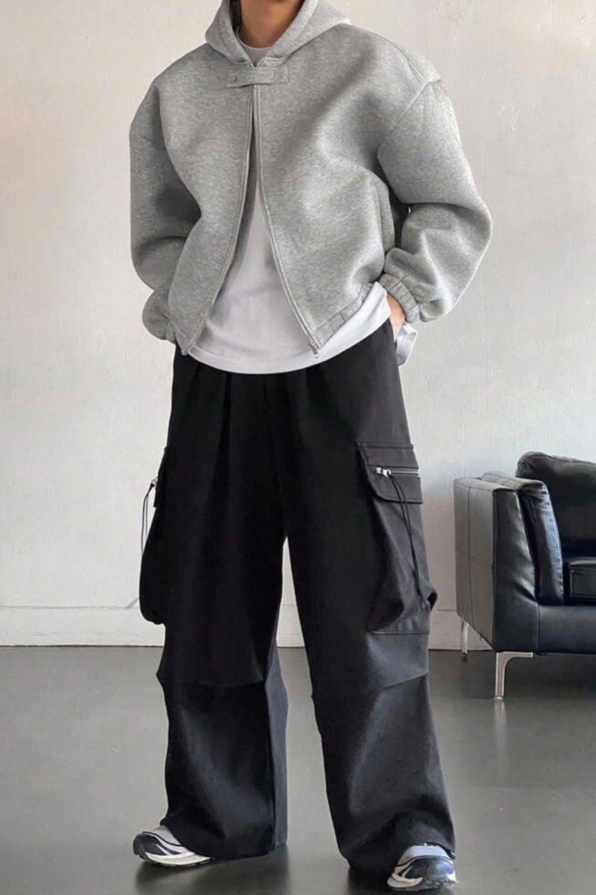 North London Erkek Renk Bloklu Üç İplik Gri Oversize Sweatshirt - www.northlondon.com.tr
