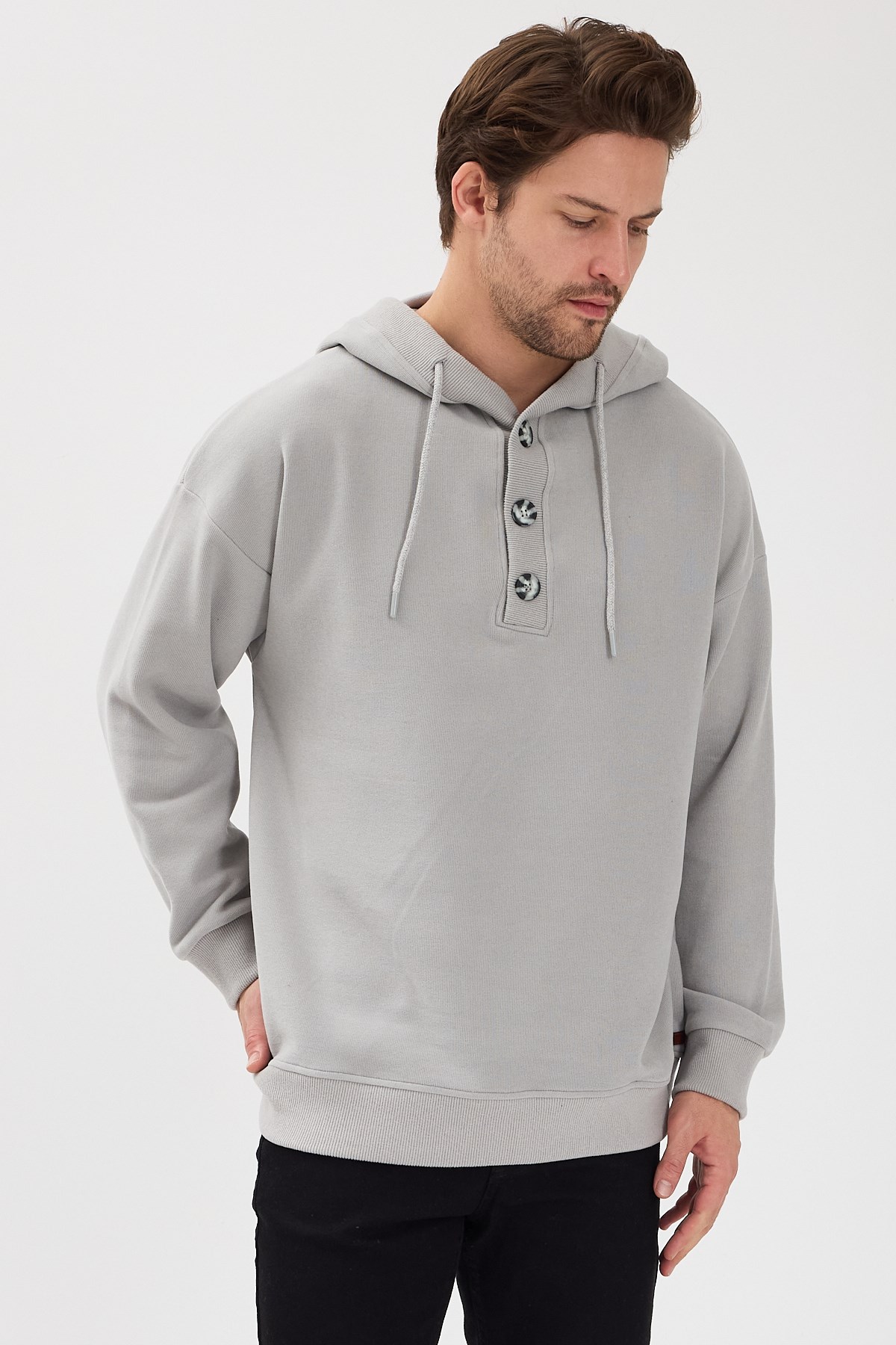 Selanik Kumaş Oversize Kapşonlu Gri Sweatshirt - www.northlondon.com.tr