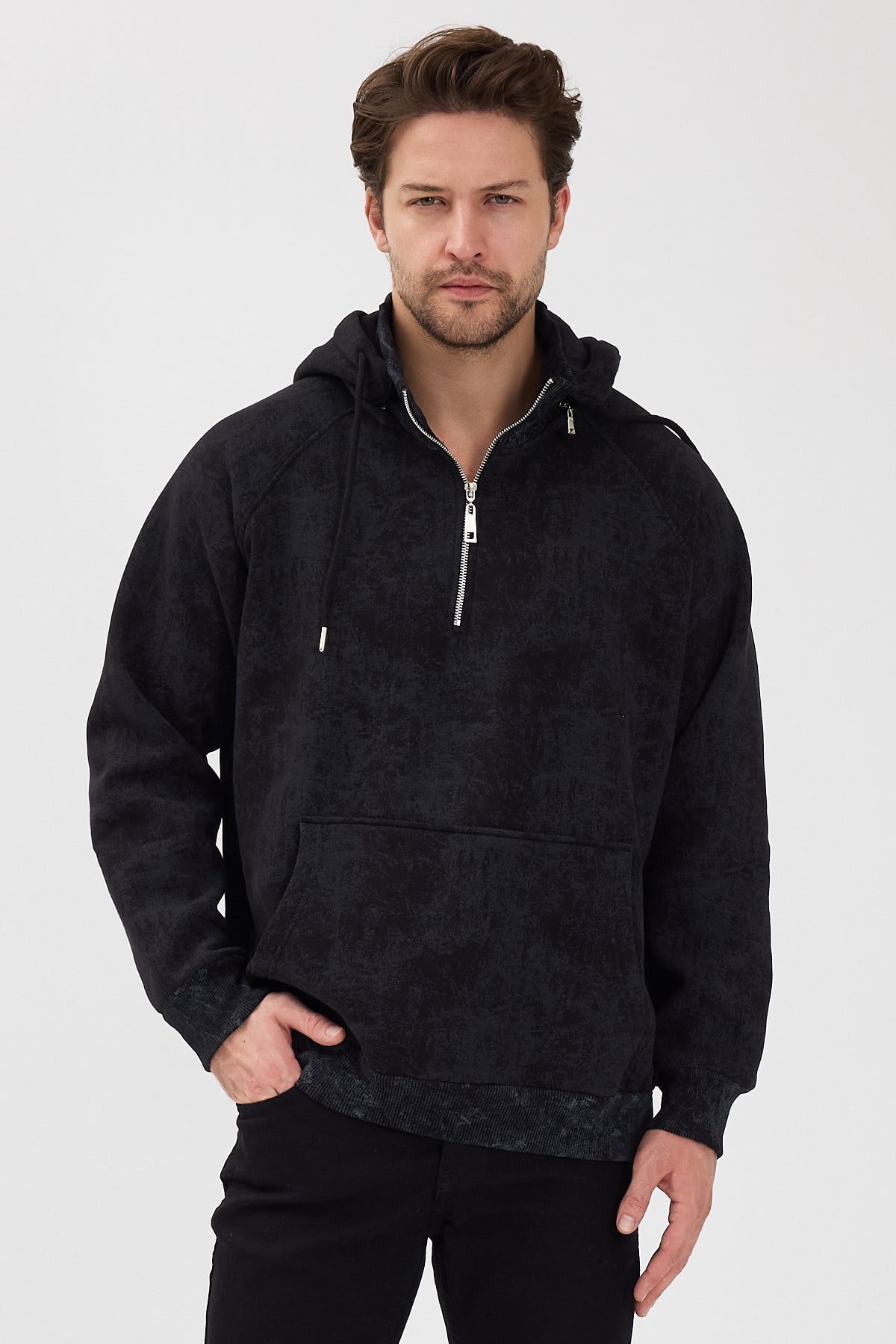 Yağlı Desen Kapşonlu Siyah Sweatshirt - www.northlondon.com.tr