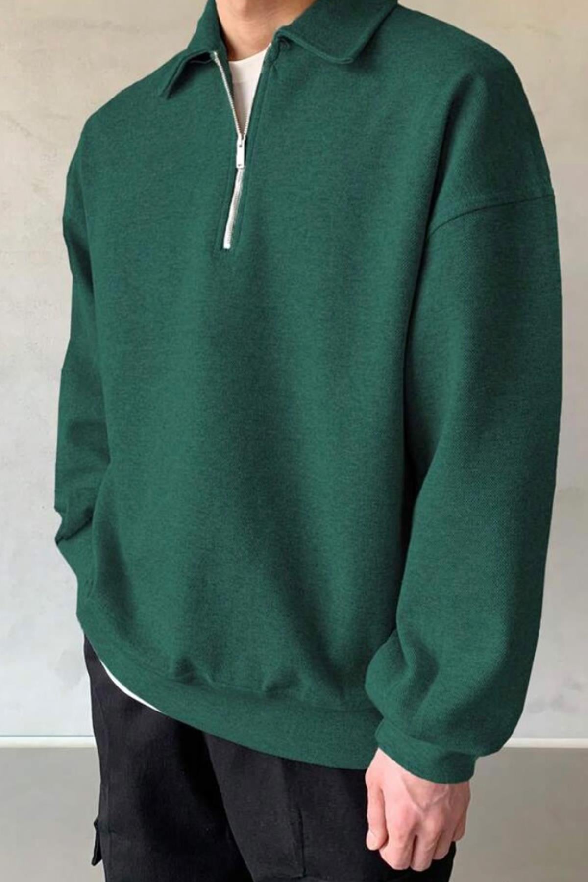 Yeşil Yarım Fermuar Oversize Sweatshirt - www.northlondon.com.tr