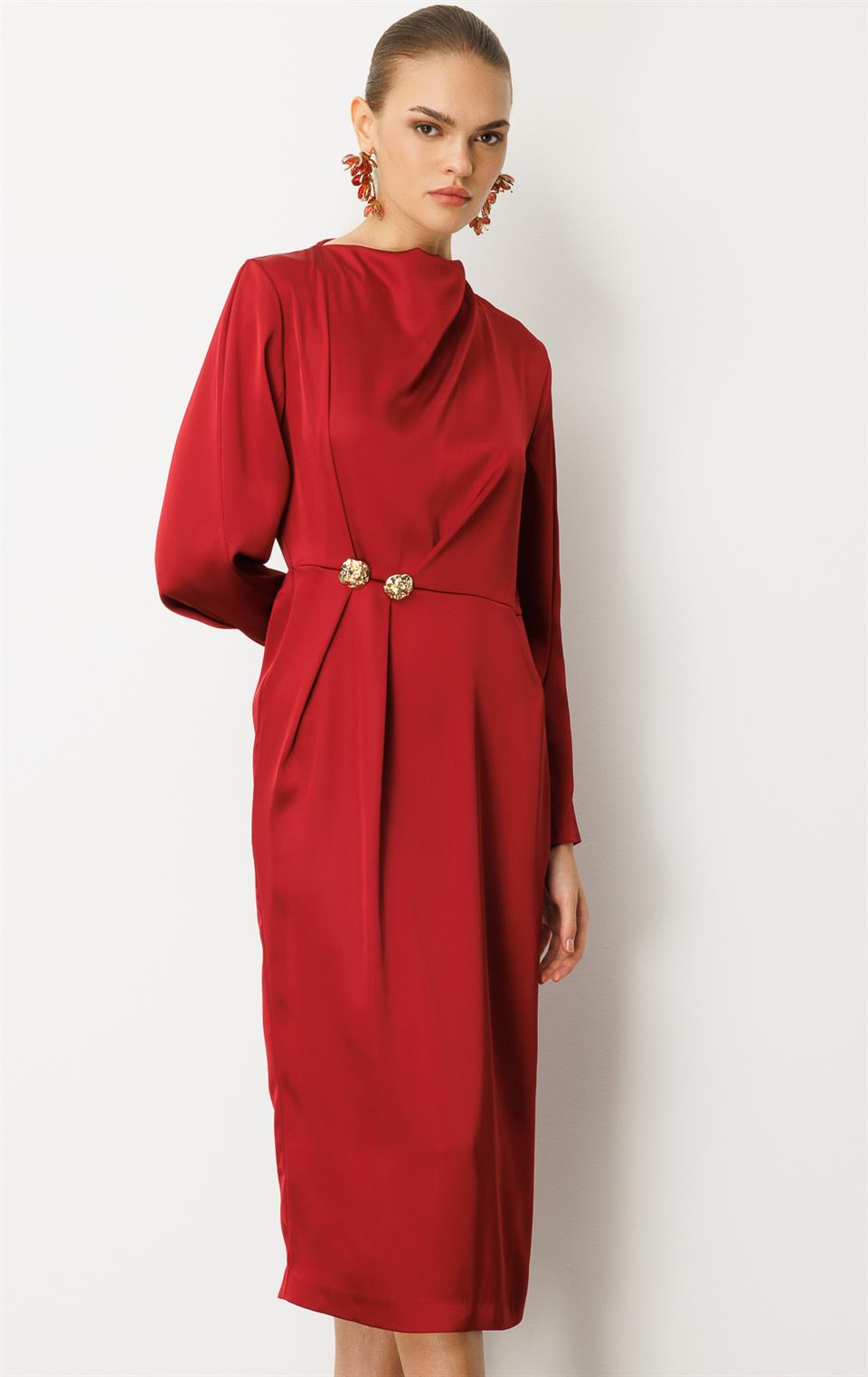  Drapeli Yüksek Yaka  Midi Elbise BORDO