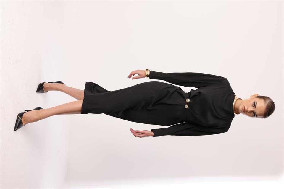  Drapeli Yüksek Yaka  Midi Elbise SİYAH