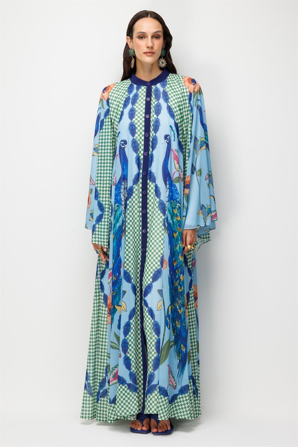 Desenli Dökümlü Şifon Abaya Elbise MAVİ