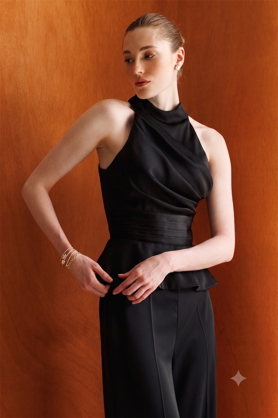 Halter Yaka Drapeli Peplum Bluz Pantolon İkili Takım  SİYAH