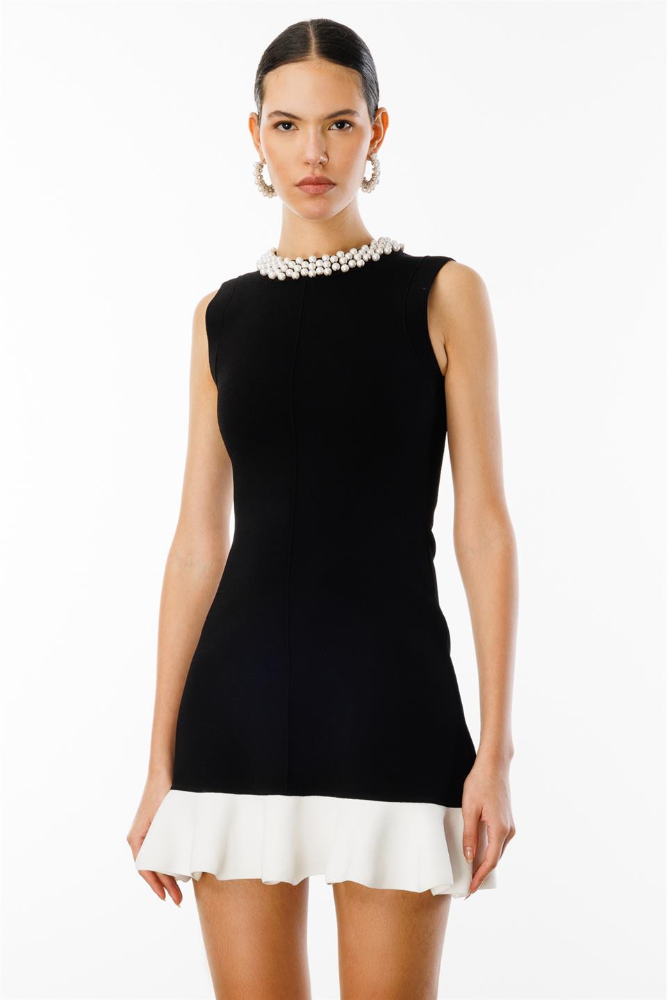 2 Renkli İşleme Detaylı Triko Elbise SİYAH-BEYAZ