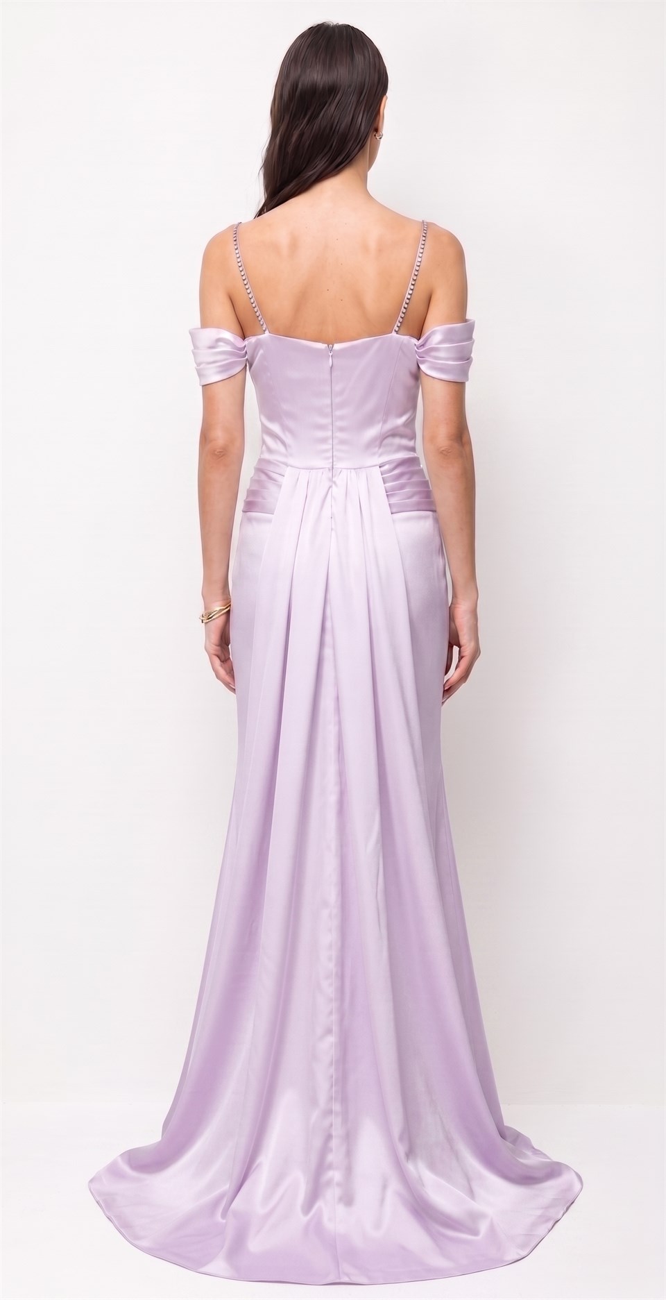 Off-the-Shoulder Satin Evening Gown with Embellished Straps LILAC