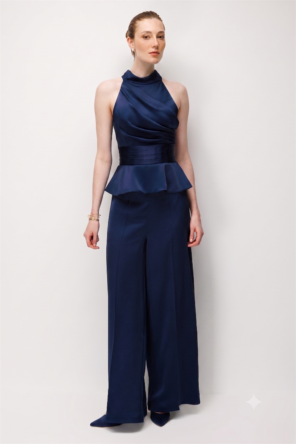 Halter Yaka Drapeli Peplum Bluz Pantolon İkili Takım  LACİVERT