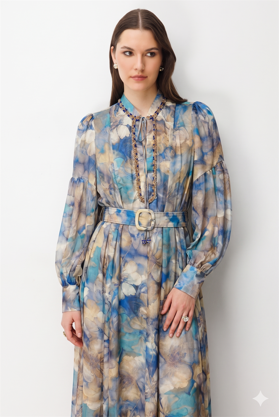 Collar Stone Embroidered Digital Dress SAKS