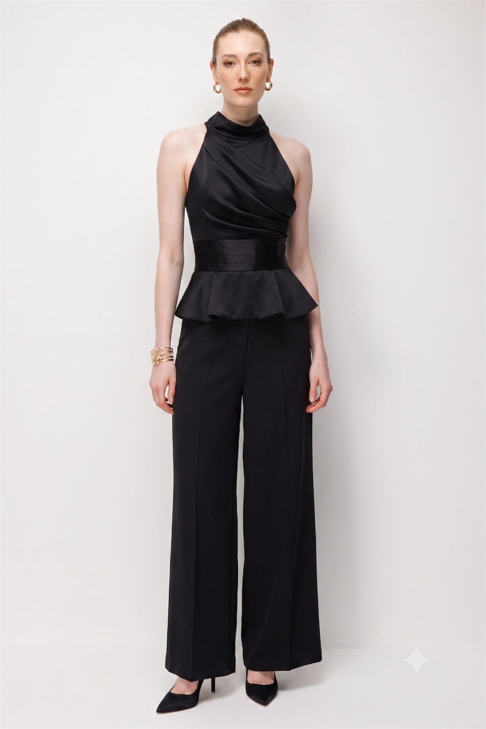 Halter Yaka Drapeli Peplum Bluz Pantolon İkili Takım  SİYAH