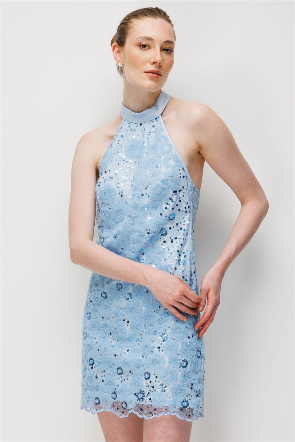 Floral İşlemeli Halter Yaka Mini Abiye Elbise MAVİ