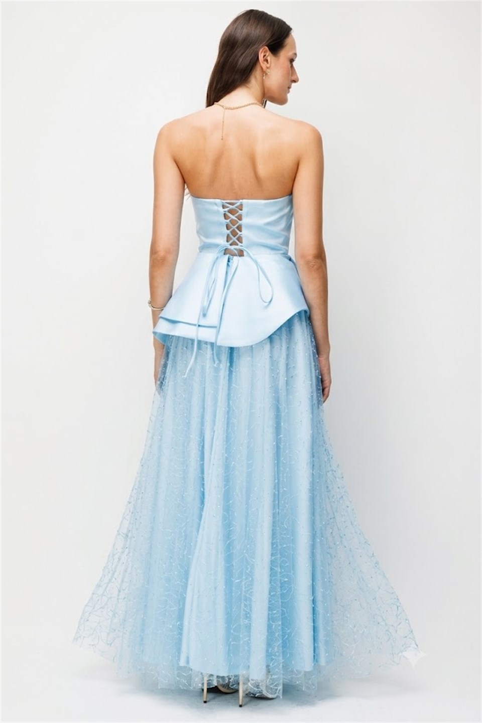 Sırtı Bağcık Detaylı Peplum Katlı Tül Abiye Elbise MAVİ