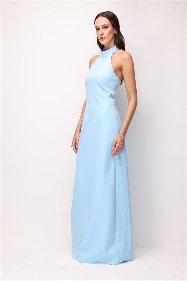Halter Yaka Yırtmaçlı  Elbise MAVİ