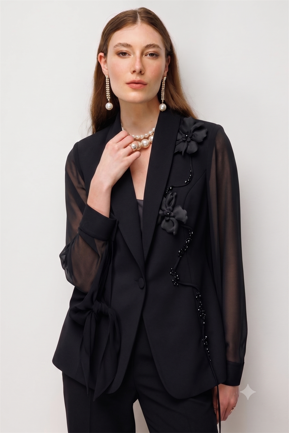 Floral Detaylı Blazer Ceket Pantolon Takım SİYAH