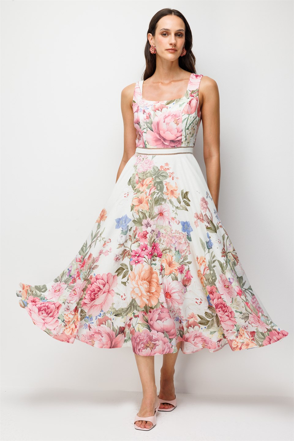 Floral Desenli Kare Yaka Midi Elbise EKRU