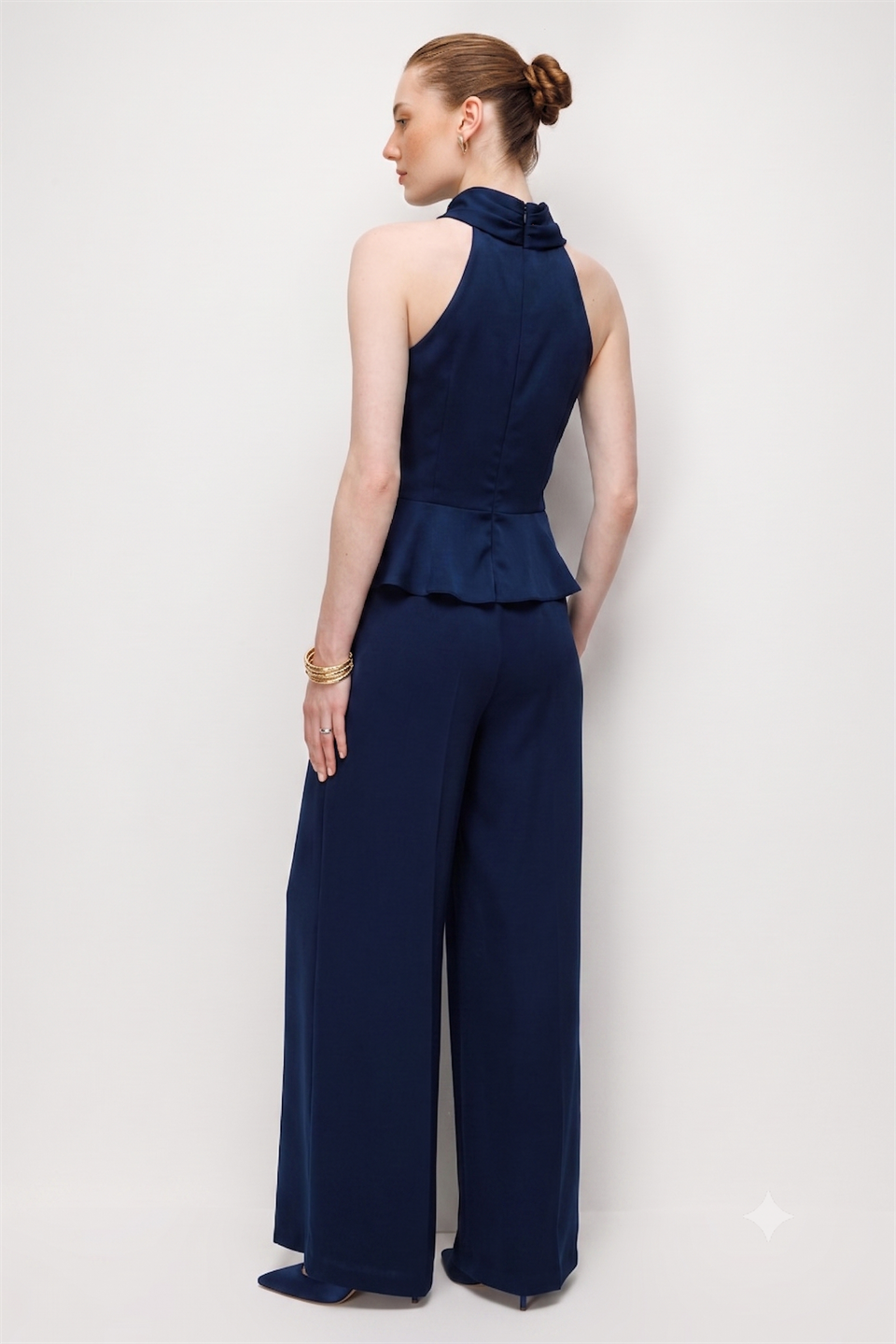 Halter Yaka Drapeli Peplum Bluz Pantolon İkili Takım  LACİVERT