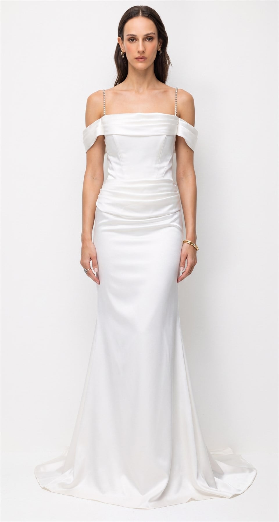 Off-the-Shoulder Satin Evening Gown with Embellished Straps WHITE