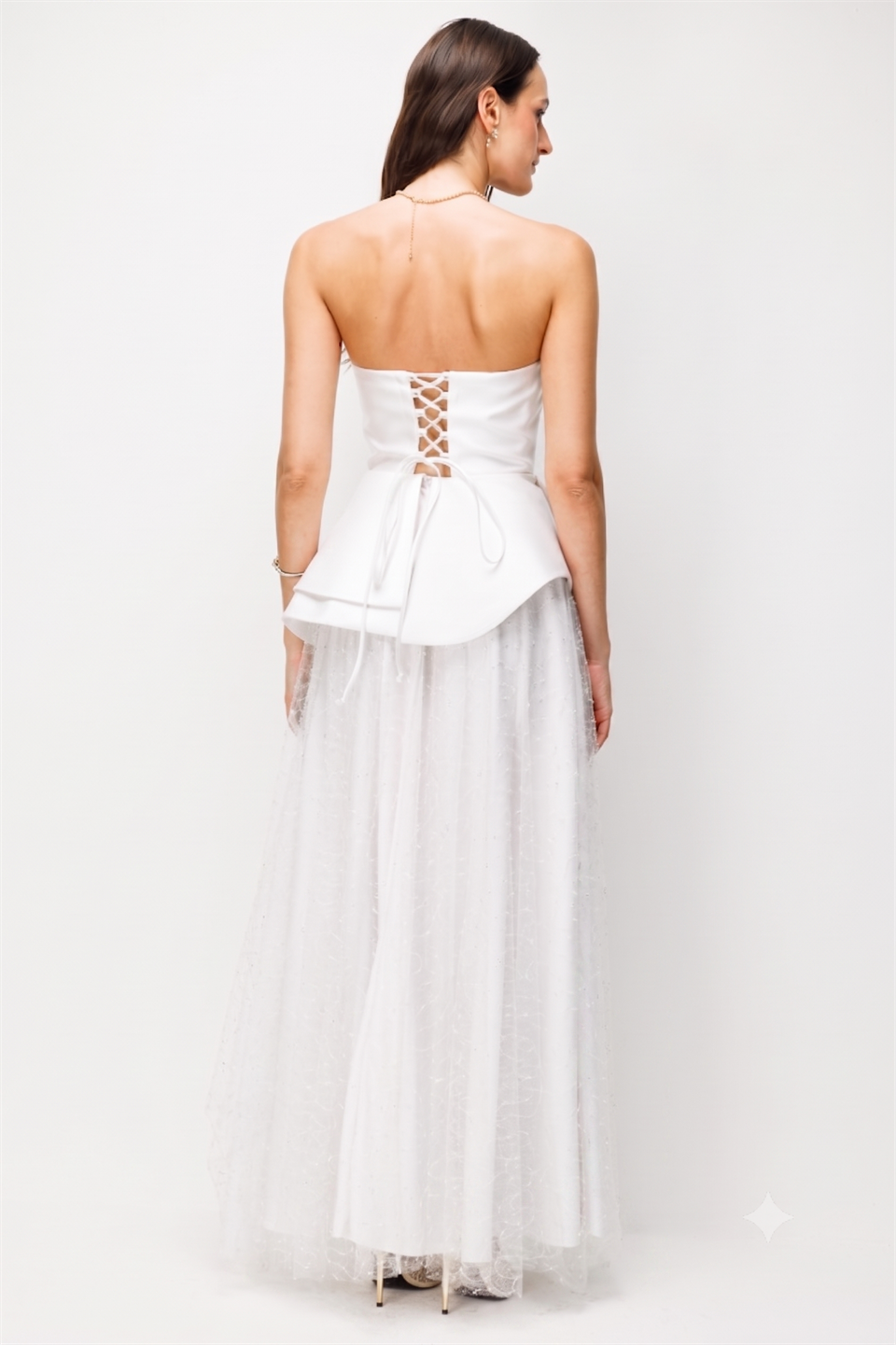 Sırtı Bağcık Detaylı Peplum Katlı Tül Abiye Elbise EKRU