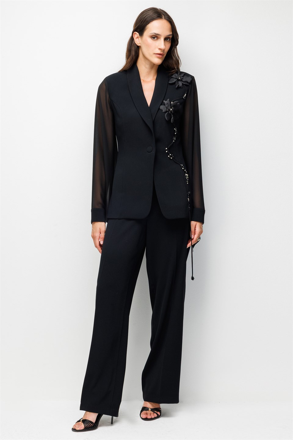 Floral Detaylı Blazer Ceket Pantolon Takım SİYAH