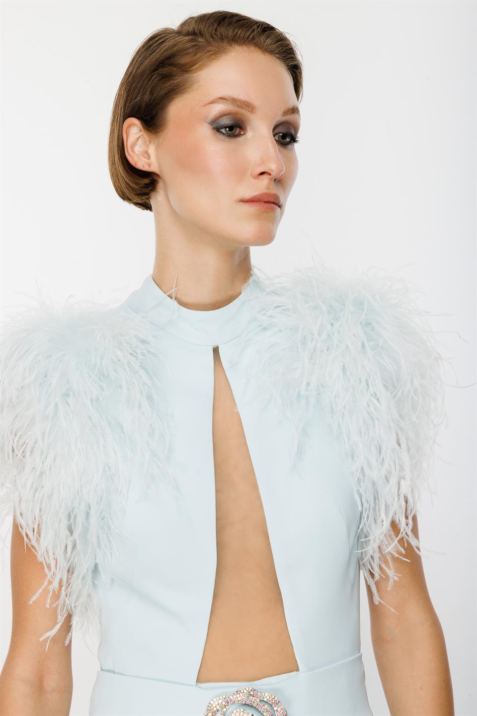 Göğüs ve Sırt Dekolteli Omzu Tüt Detaylı Buz Mavisi Tulum