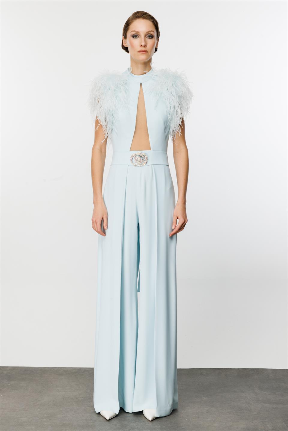 Göğüs ve Sırt Dekolteli Omzu Tüt Detaylı Buz Mavisi Tulum