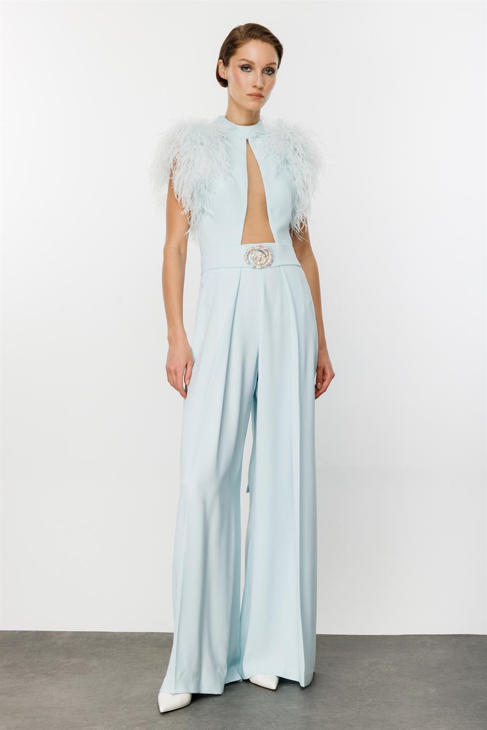 Göğüs ve Sırt Dekolteli Omzu Tüt Detaylı Buz Mavisi Tulum