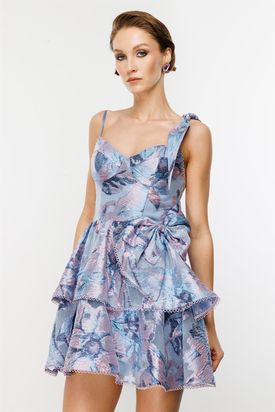 Askılı Etek Kat Detaylı Mini Floral Desenli Elbise