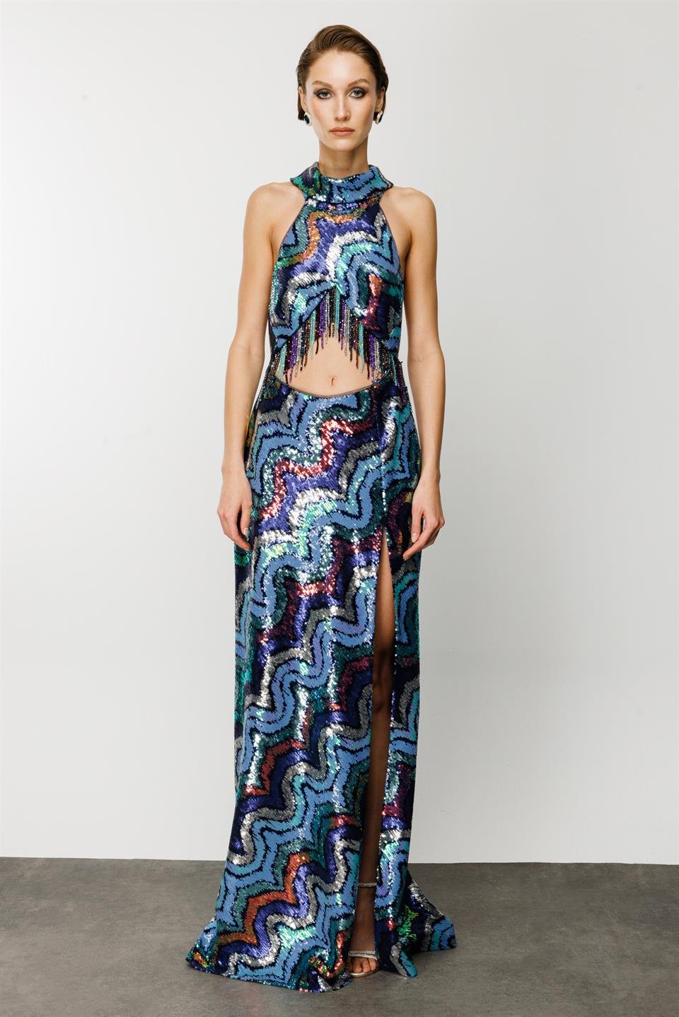 Bel ve Sırt Dekolte Detaylı Özel Payet İşlemeli Abiye