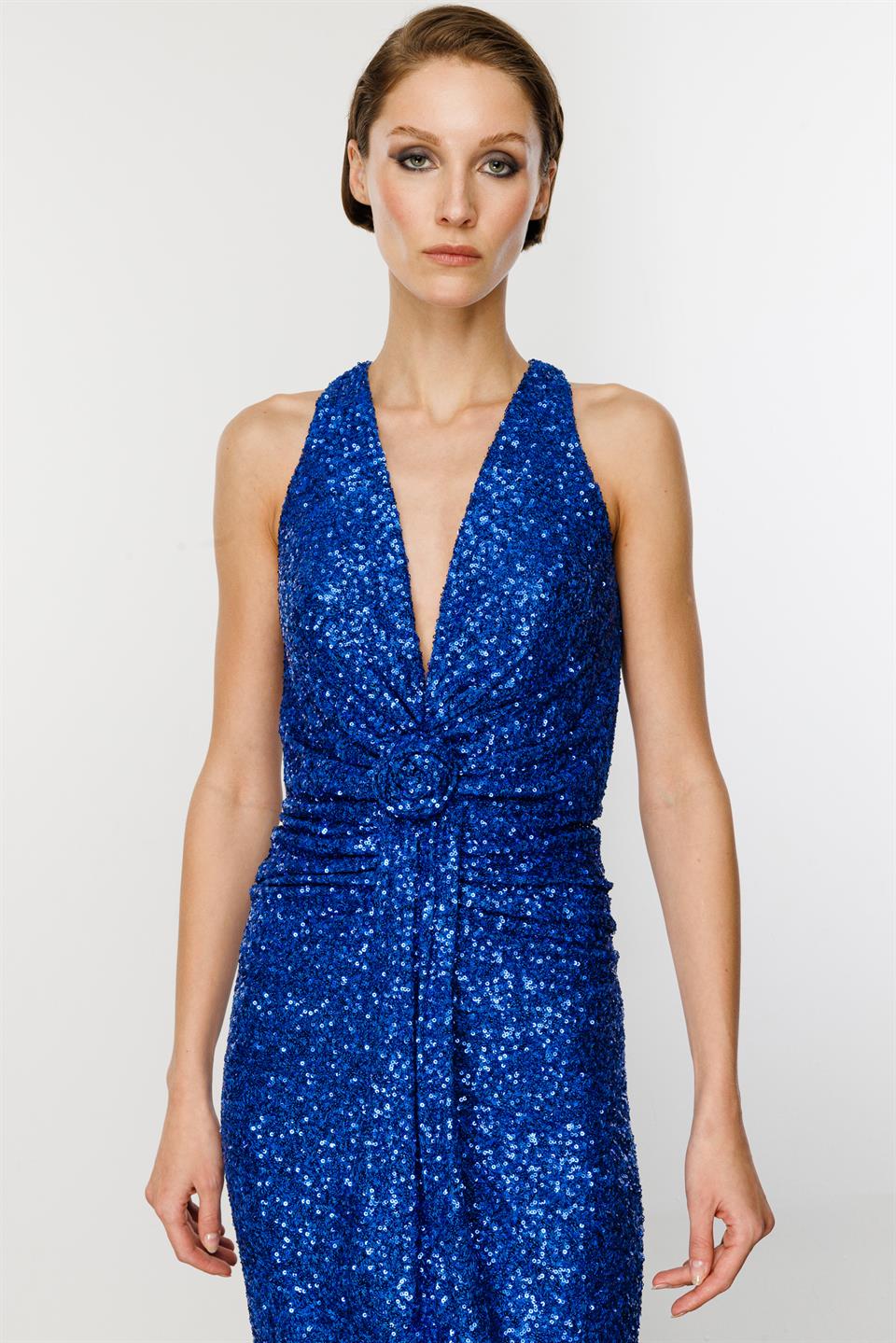 Payetli Bel ve Sırt Gül Detaylı Saks Elbise