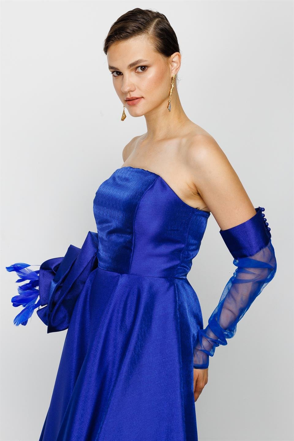 Nefeli Womens Rose Detailed Dark Blue Evening Dress with Glove Accessories