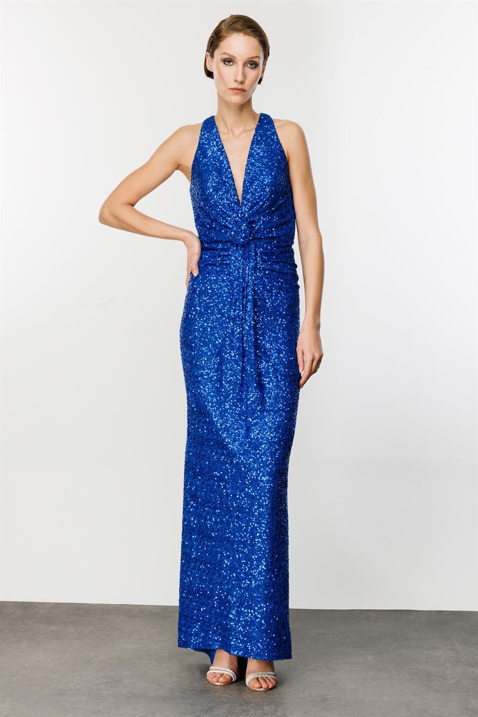 Payetli Bel ve Sırt Gül Detaylı Saks Elbise