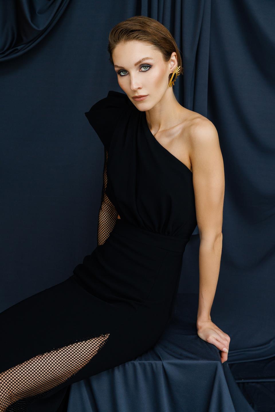 Tek Omuzlu File Yırtmaç File Kol Detaylı Siyah Abiye